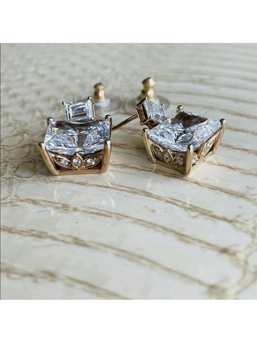 Radiant Cut Cubic Zirconia Rose Gold Vermeil Sterling Silver Ornate Earr… - Picture 8 of 11